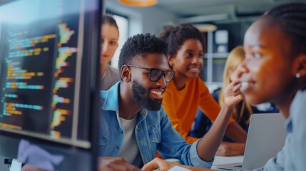 Teenagers collaborate with a teacher on a software development project in a classroom, demonstrating the importance of teamwork, communication, and technological literacy in contemporary education