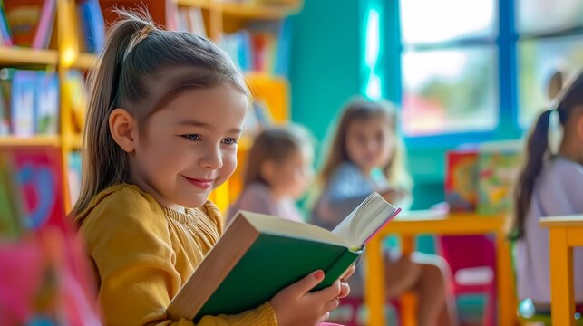 A smiling young girl deeply involved in her book in a colourful classroom, with other children in the background, highlighting the cheerful and encouraging atmosphere of early childhood education
