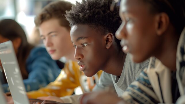 High school students from various backgrounds gather around a laptop, engaging in a team coding project that promotes collaboration, critical thinking, and technological proficiency