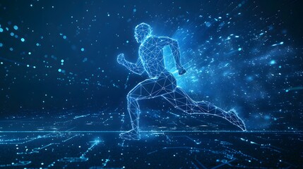 Blue glowing wireframe hologram of an athlete running on dark blue background concept for sport technology and futuristic digital design element