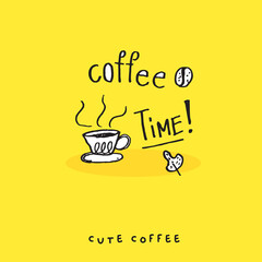 Cute doodle coffee cup , Hand drawn of coffee cup ,Hand drawing coffee cup,  isolated on yellow background. vector illustration 