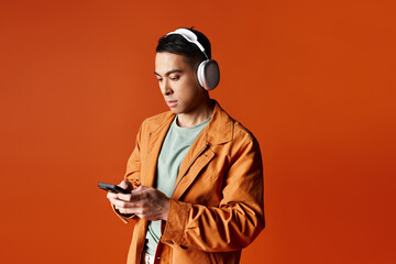A woman wearing headphones is engrossed in her cell phone, creating a scene of modern connectivity...