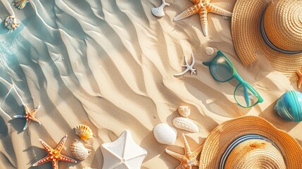 Naklejka premium Assortment of beach accessories on sand, seen from a top view