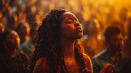 Woman in deep prayer amidst a crowd
