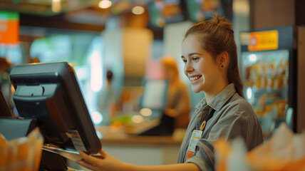 Cheerful cashier at fast food restaurant