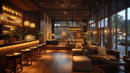 Fototapeta premium Cozy modern cafe interior with warm lighting and wooden furniture