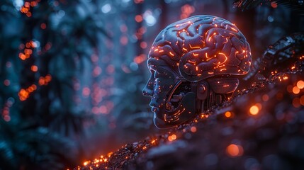 a human brain integrated with advanced circuitry, set against the backdrop of a futuristic forest.