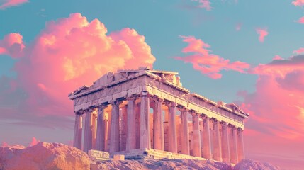 Obraz premium City pop and retrowave styled Parthenon construction with vivid cloud sky