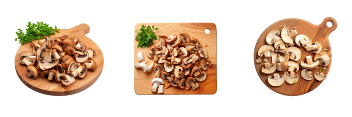 Fototapeta premium Freshly Sliced Mushrooms Set On Wooden Cutting Board With Parsley On Isolated Background
