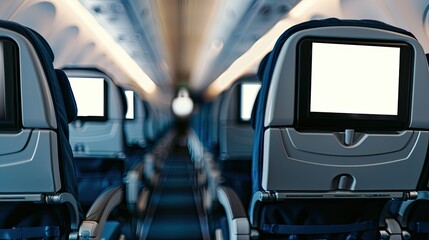 Close-up of airplane seats featuring a blank LCD screen mockup for content display