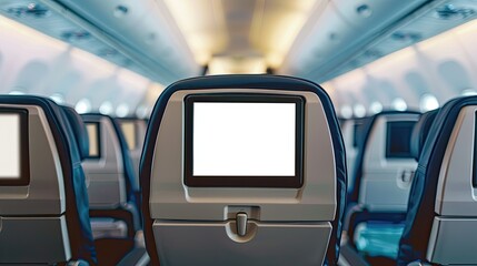 Naklejka premium Close-up of airplane seats featuring a blank LCD screen mockup for content display
