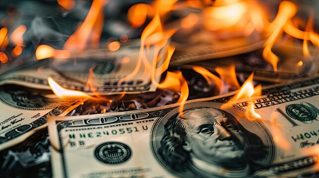 Close-up of burning dollar bills, highlighting the concept of wasted money