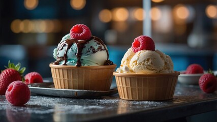 Two cups of ice cream topped with fresh raspberries and chocolate syrup, set in a cozy cafe with a blurred background.
