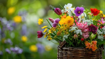Detailed view of a basket brimming with colorful spring flowers