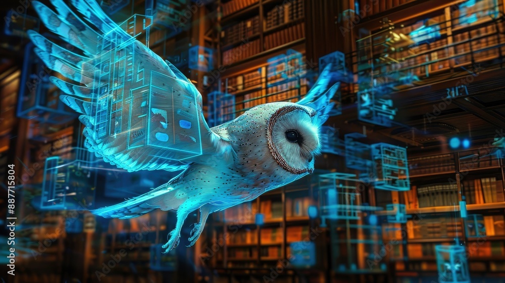 Poster digital owl navigating a futuristic holographic library filled with information