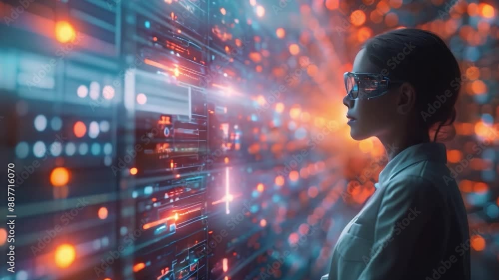 Poster a researcher stands in front of a wall of screens displaying data visualization, highlighting the po