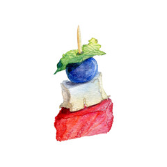 Watercolor illustration of snack. Exotic canapé with cheese, blueberries and watermelon. Food for parties and celebrations. Watercolor food.
