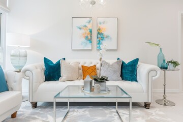 Elegant Living Room with Vibrant Blue and Orange Accents