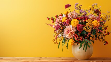 Fototapeta premium Elegant bouquet of flowers on a wooden table, set against a yellow background