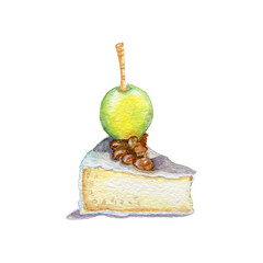 Watercolor illustration of snack. Exotic canapé with cheese, grapes and nuts. Food for parties and celebrations. Watercolor realistic food. Sweet snack.