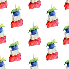 Watercolor pattern on the theme of food. Seamless pattern for kitchen wallpaper with food elements. Hand drawn illustration of snacks for banquets, holidays. Watercolor canapés.