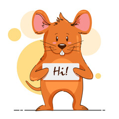 Vector cartoon character. Mouse with a welcome sign. Bright cute mouse character. Stylized animal.
