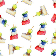 Watercolor illustration of snack. Exotic canapé with cheese, grapes and nuts. Food for parties and celebrations. Watercolor realistic food, food pattern. Food textile pattern