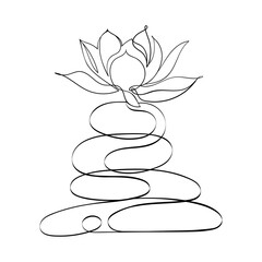 Vector illustration of lotus flower. Flower arrangement of lotus on stones. Illustration in oriental style with one line. Logo for the massage industry.