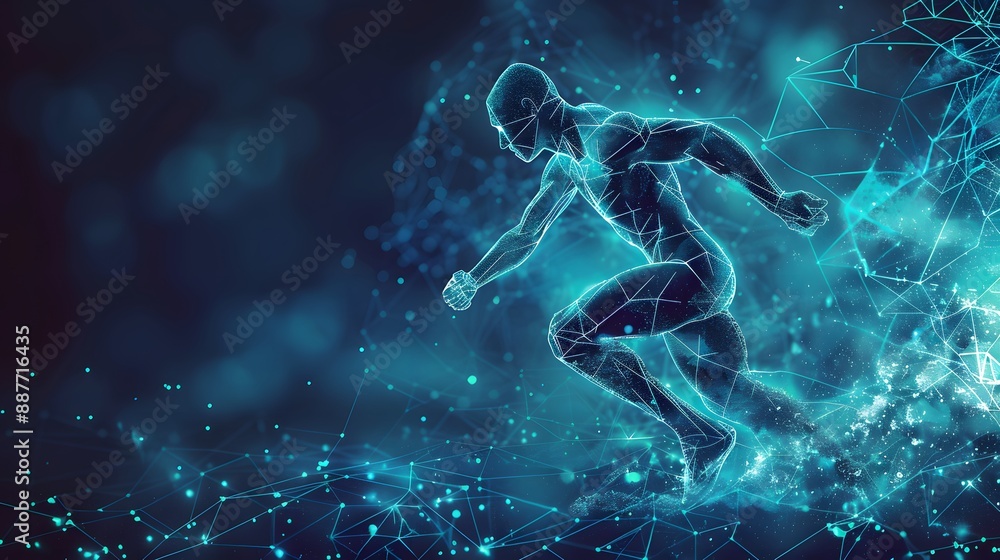 Poster Blue glowing wireframe hologram of an athlete running on dark blue background concept for sport technology and futuristic digital design element