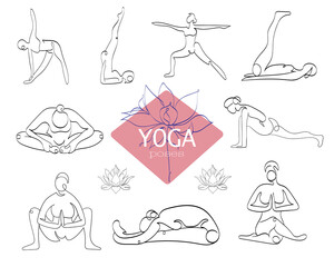 Vector set of yoga asanas. Yoga design with lotus flower. Fitness class. Healthy lifestyle. Modern sports activities.