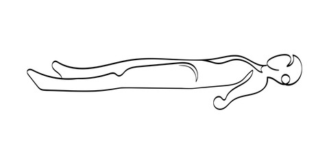 Yoga pose - shavasana, asana from Vikonani yoga in a minimalist style with one line. Pilates class. The girl is meditating. Ideal for designs related to fitness, health, meditation and healthy living.