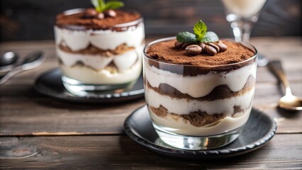 Traditional italian dessert tiramisu cake with cocoa and coffee with fresh mint in the glass tumbler