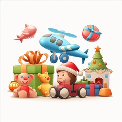 Obraz premium A cartoon of a boy in a Santa hat sitting in a red toy car next to a teddy bear
