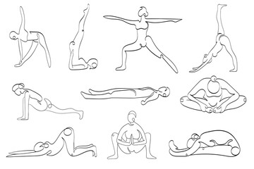 Set of yoga asanas. Healthy body. Healthy lifestyle, meditation, yoga as a sport. Yoga is a sport for body and soul. Exercises for stretching.