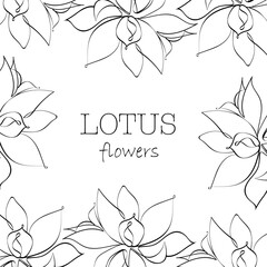 Square greeting frame made of lotus flowers. Flower coloring book. Vector lotus flowers. Lush peonies coloring book.