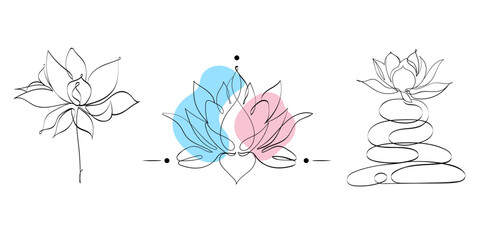 Vector set of floral illustrations. Lotus flower design. Lotus flowers in one line style. Flower clipart.
