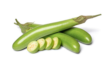 Fresh long green eggplant with cut slice isolated on white background 