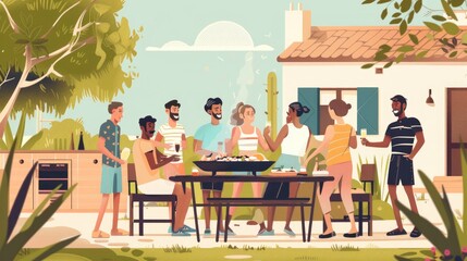 A group of multiethnic diverse people having fun socializing with each other and having a BBQ at an outdoor dinner Family and friends gathered outside their house on a warm summer day