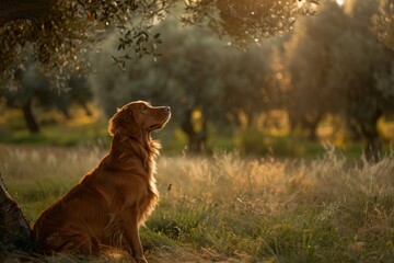 Naklejka premium Serene Golden Retriever Basking in Sunlit Bliss on Summer Day - Generative AI. Beautiful simple AI generated image in 4K, unique.