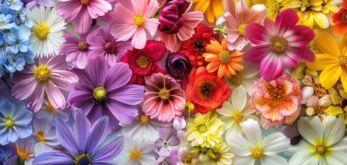 Vibrant and colorful array of various flowers in full bloom, displaying a variety of shapes and colors, perfect for a bright and cheerful background.