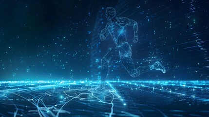 Blue glowing wireframe hologram of an athlete running on dark blue background concept for sport technology and futuristic digital design element