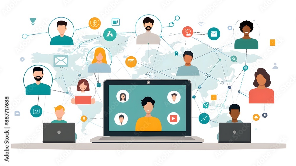 Poster a virtual collaboration hub where global teams interact through digital platforms, exchanging ideas 