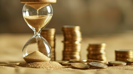 Hourglass with sand trickling down next to ascending coin stacks on a neutral background