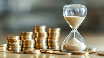Hourglass with sand running down, surrounded by stacks of coins increasing in height on a neutral background