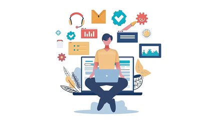 Laptop user engaged in content marketing activities with visual elements