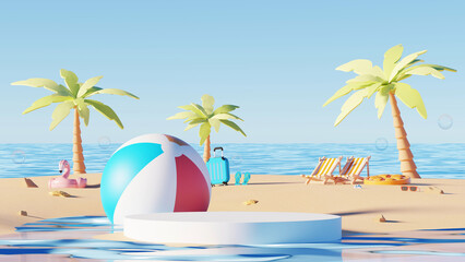 3D render, Minimal summer beach background with cute element and blank podium display for product show.