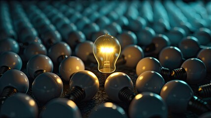 Fototapeta premium Light bulb glowing brightly, standing out from the crowd of darkened bulbs