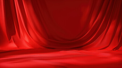 Red fabric draped elegantly, creating a smooth and flowing background with rich textures and deep, vibrant color.