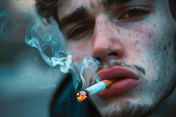 Fototapeta premium Close up of young man smoking a cigarette