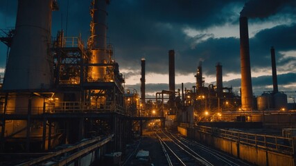 Illuminated industrial refinery at dusk, showcasing extensive infrastructure and manufacturing capabilities against a dramatic evening sky.
